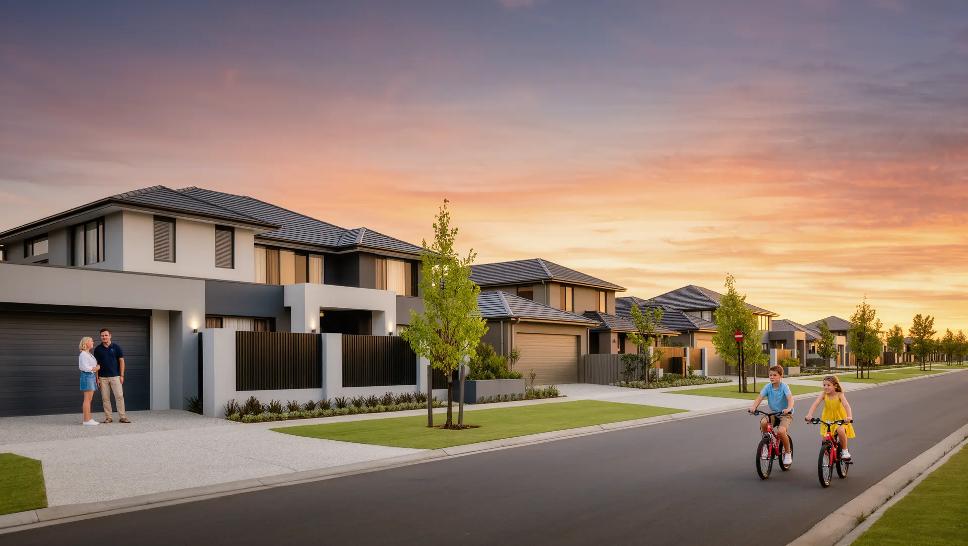 A new-community street at golden hour